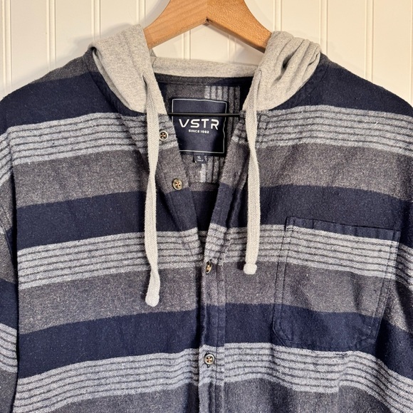 VSTR Men's Navy and Gray Striped Hooded Button Up Sweater 100% Cotton Size XL - Picture 2 of 11